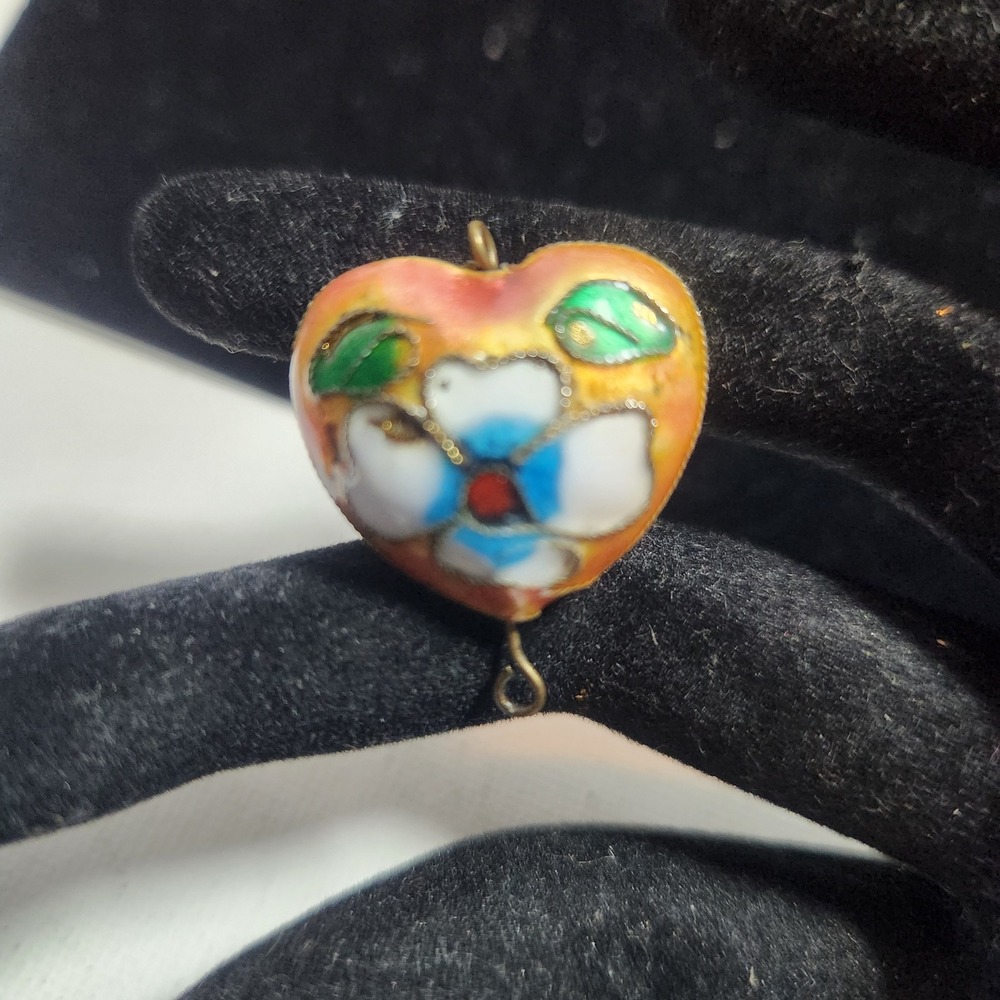 Vintage Cloisonne Enamel Heart Pendant Floral Puffy Charm Orange Pink Blue